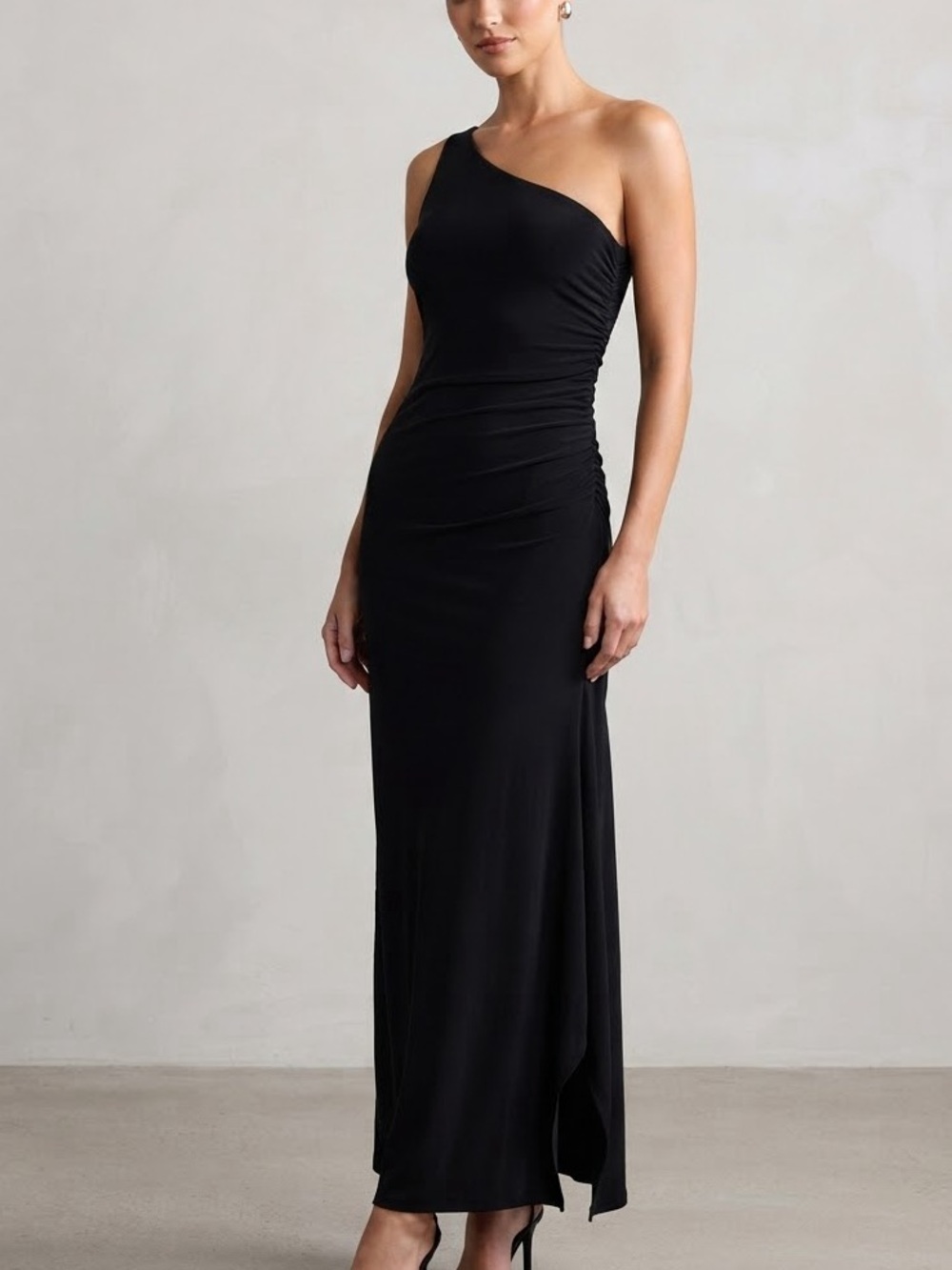 Vintage One-Shoulder Fitted Formal Classic Black Evening Gown Maxi Dress Size XS